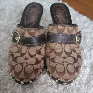 Coach Brown and Tan Mules with Gold Accents